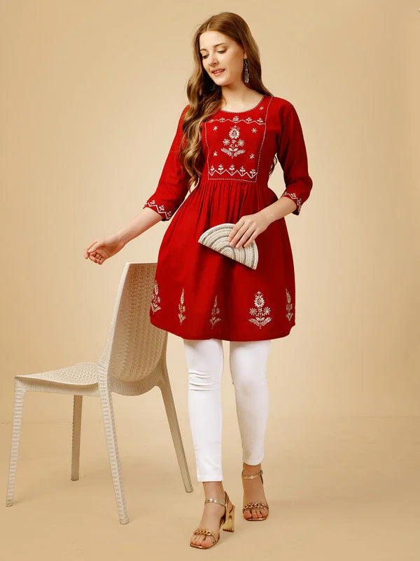 Red Embroidered Tunic Top - Stylish Indian Kurta for Women