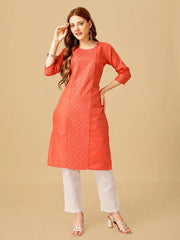 Orange Embroidered Women Kurta Pant Set-Coral1051