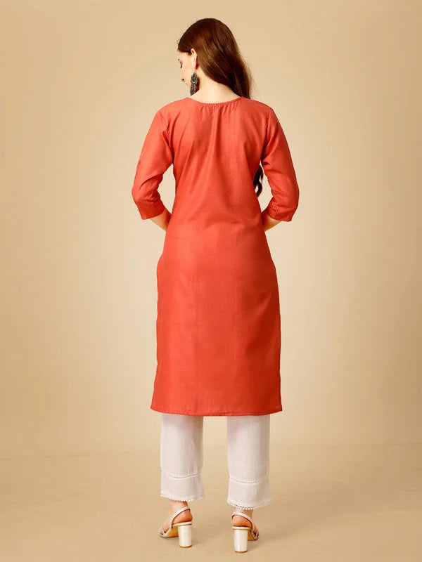 Orange Embroidered Cotton Women's Kurta Pant Set | Indian Kurta