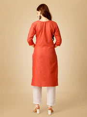Orange Embroidered Women Kurta Pant Set-Coral1051