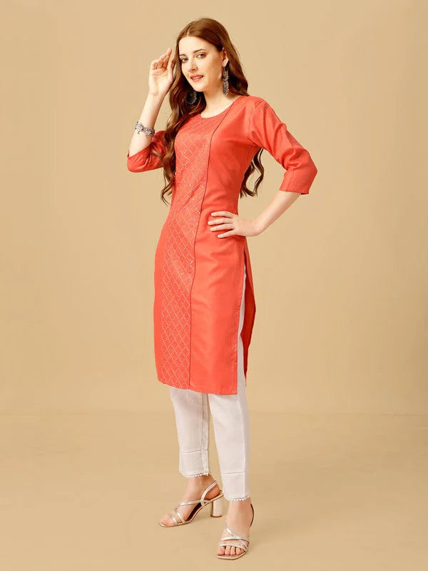 Orange Embroidered Cotton Women's Kurta Pant Set | Indian Kurta