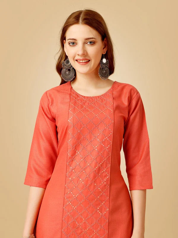 Orange Embroidered Cotton Women's Kurta Pant Set | Indian Kurta