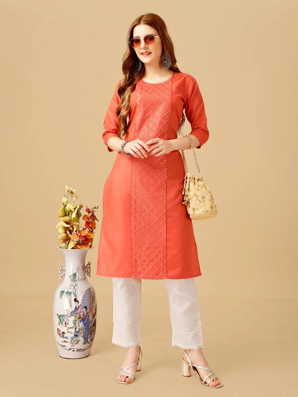 Orange Embroidered Cotton Women's Kurta Pant Set | Indian Kurta