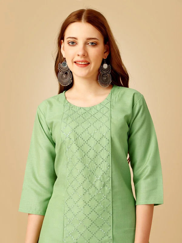 Green Embroidered Cotton Women's Kurta Pant Set | Kurta Set