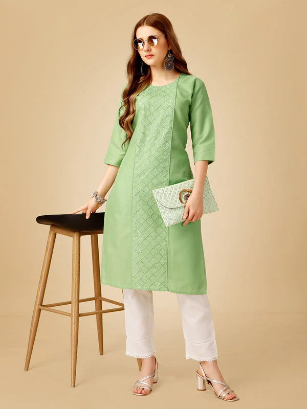 Green Embroidered Cotton Women's Kurta Pant Set | Kurta Set