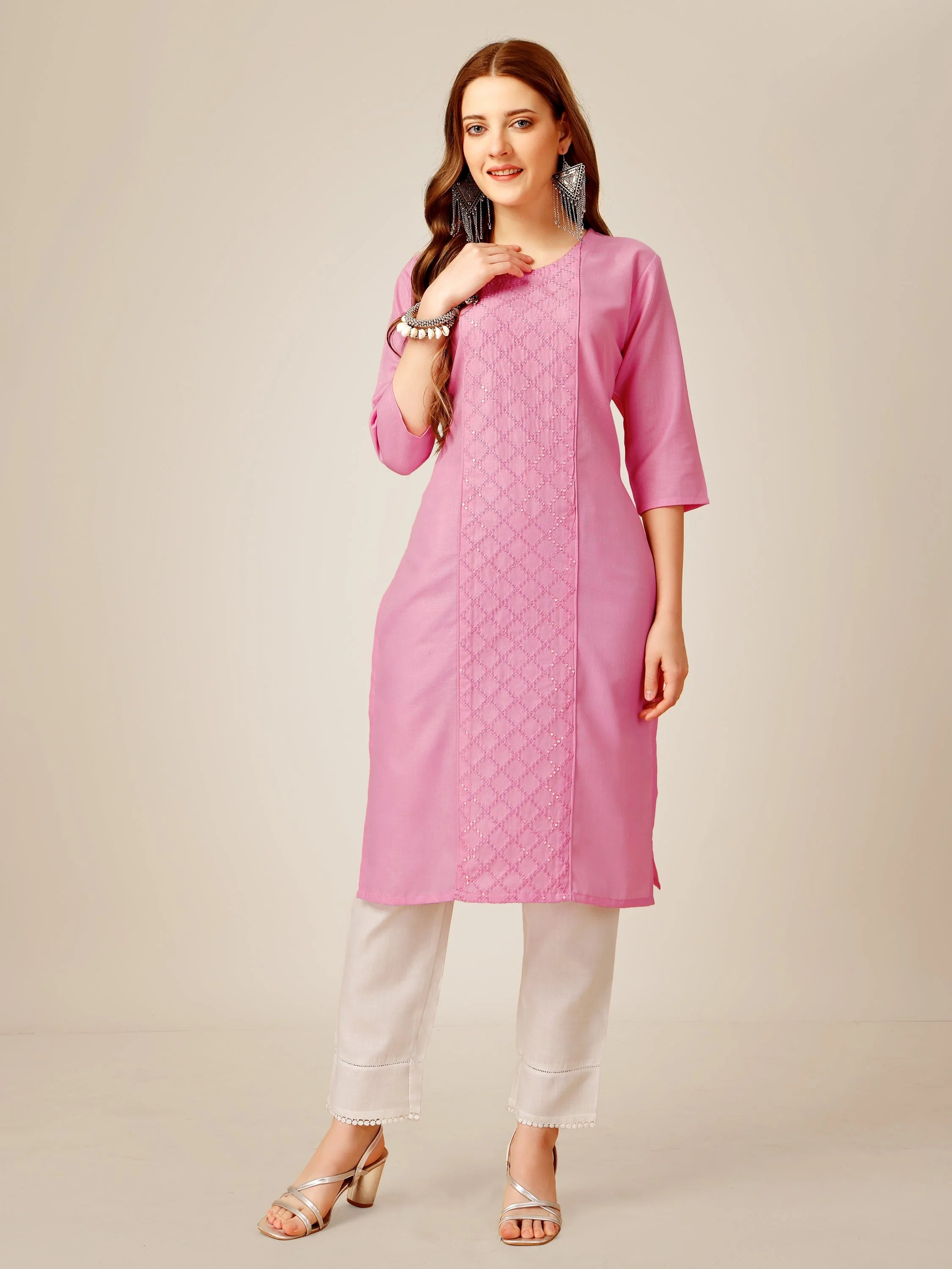 Pink Embroidered Cotton Women's Kurta Pant Set | Indian Sets