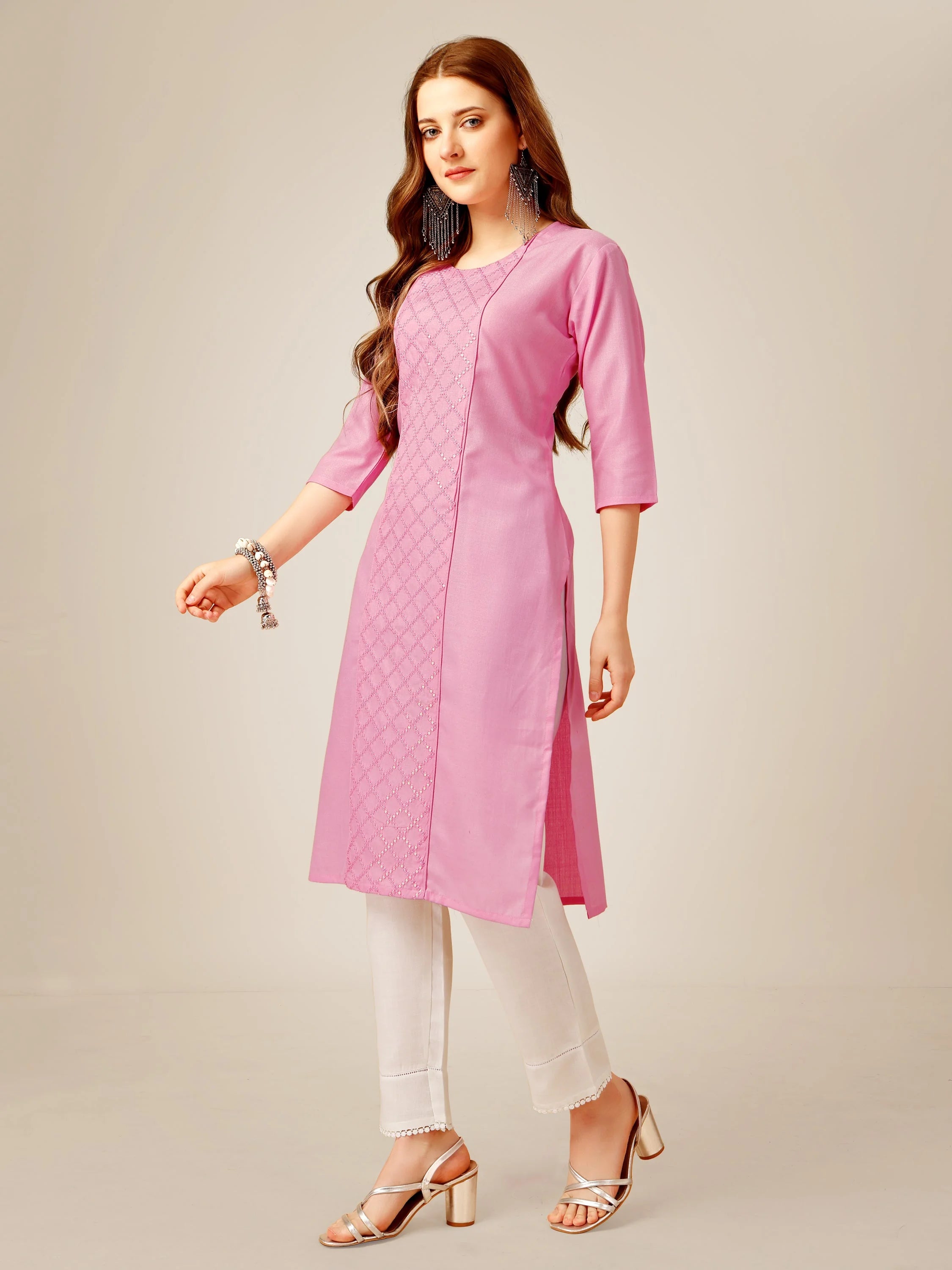 Pink Embroidered Cotton Women's Kurta Pant Set | Indian Sets