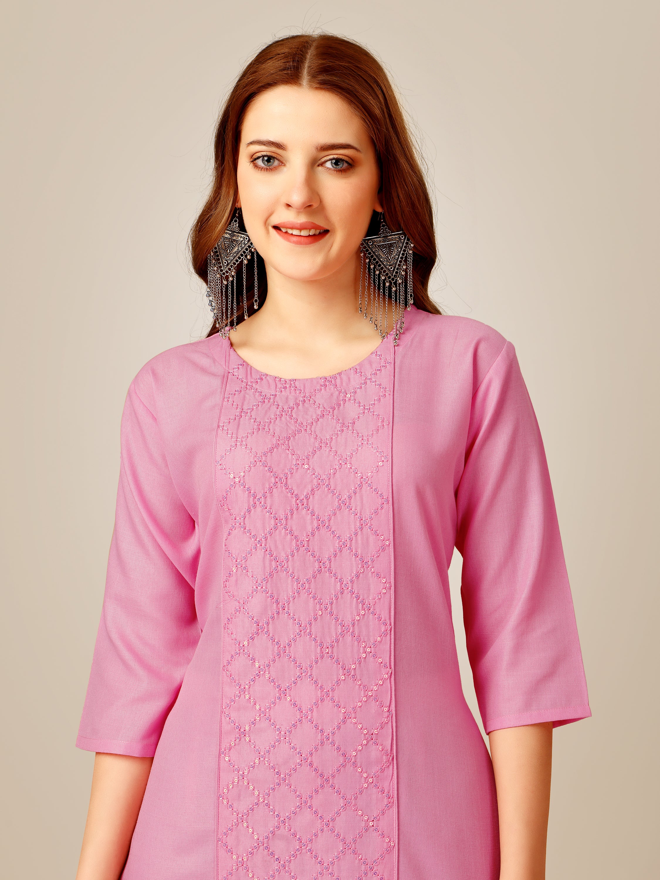 Pink Embroidered Cotton Women's Kurta Pant Set | Indian Sets