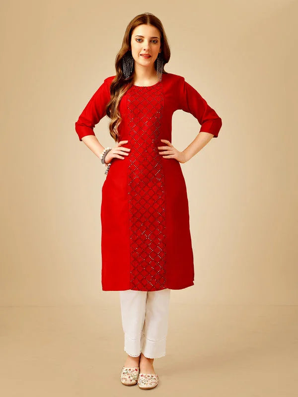 Red Embroidered Cotton Women's Kurta Pant Set | Indian Kurta Sets