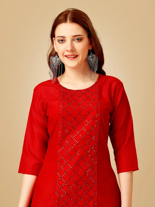 Red Embroidered Cotton Women's Kurta Pant Set | Indian Kurta Sets