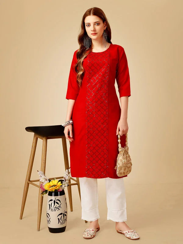 Red Embroidered Cotton Women's Kurta Pant Set | Indian Kurta Sets