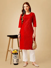 Red Embroidered Women Kurta Pant Set-Red1051