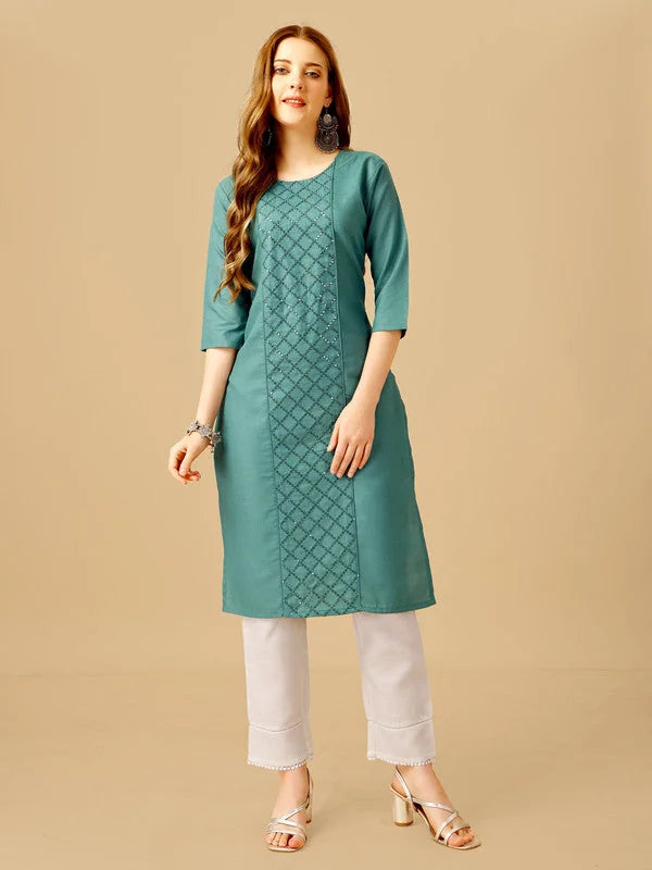 Teal Embroidered Women Kurta Pant Set-Teal1051