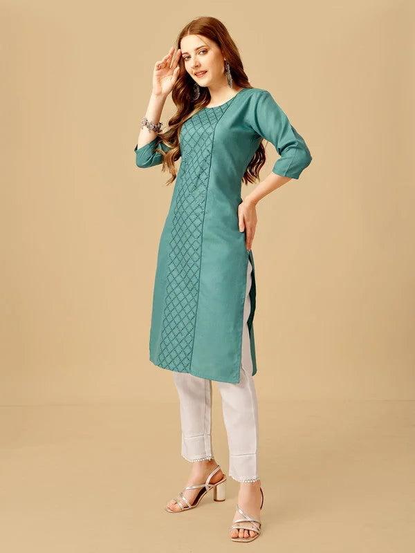 Teal Embroidered Cotton Women's Kurta Pant Set | Indian Sets