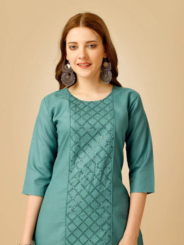 Teal Embroidered Cotton Women's Kurta Pant Set | Indian Sets