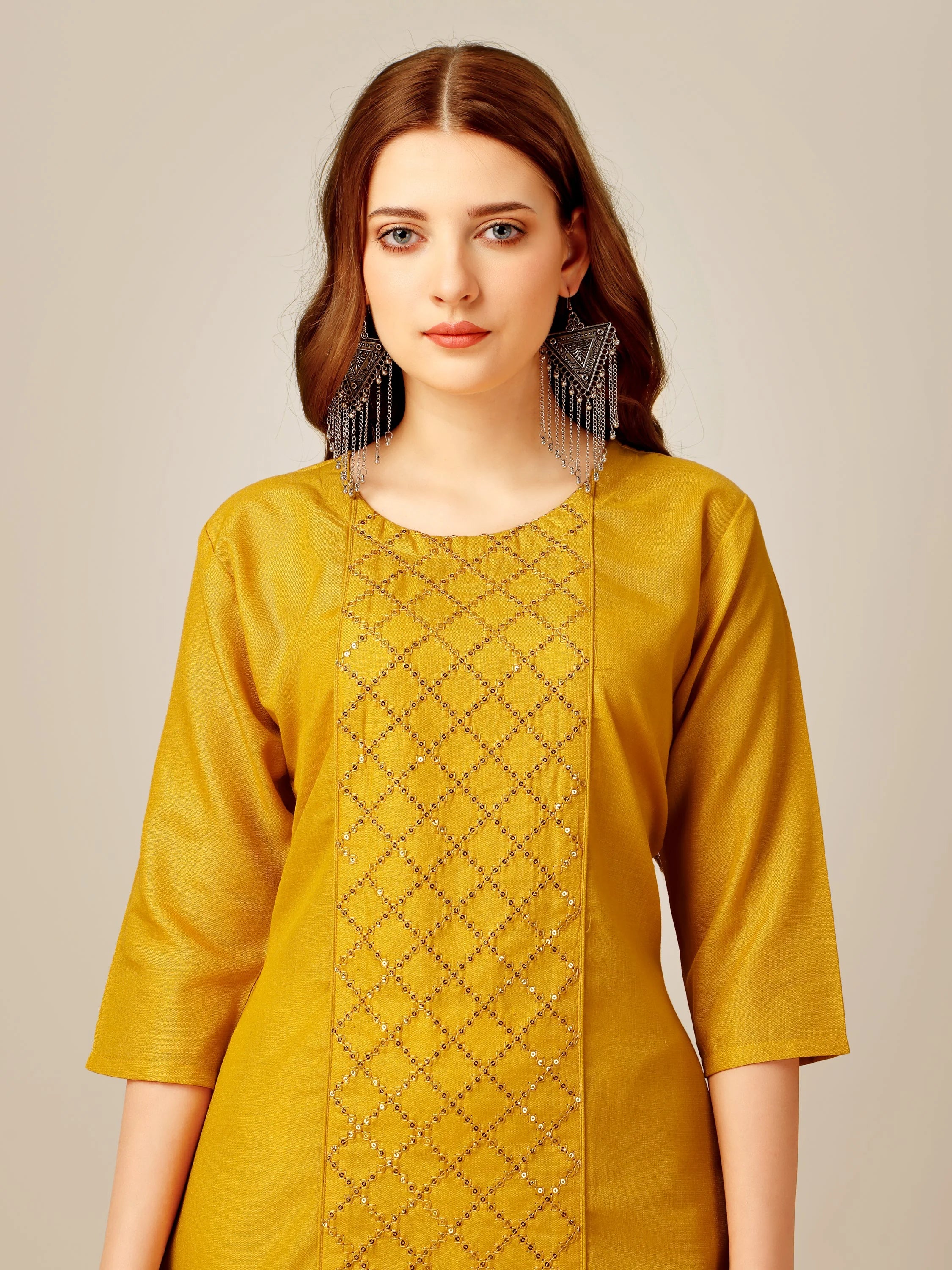 Yellow Embroidered Cotton Women's Kurta Pant Set | Indian Sets