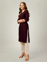 Purple Embroidered Women Kurta Pant Set-Darkpurple1062