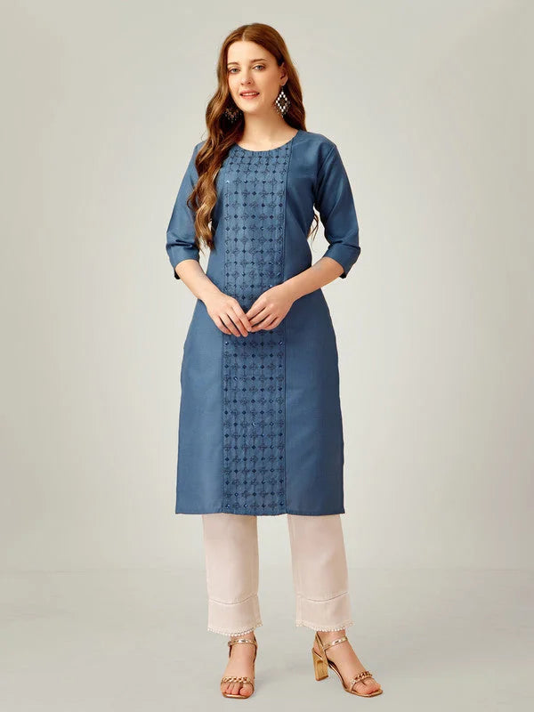 Blue Embroidered Cotton Women's Kurta Pant Set | Indian Kurta