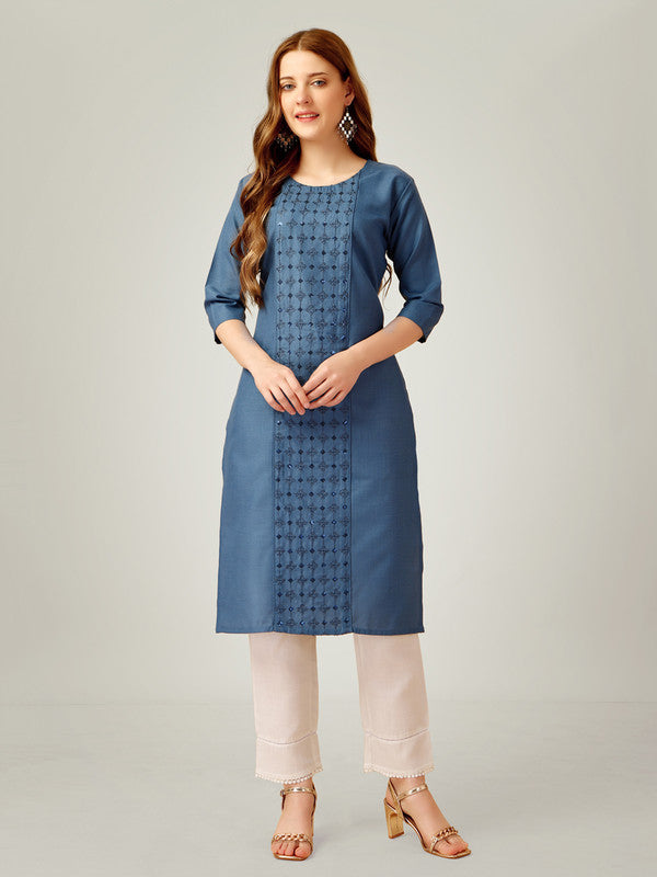 Blue Embroidered Women Kurta Pant Set-Denimblue1062
