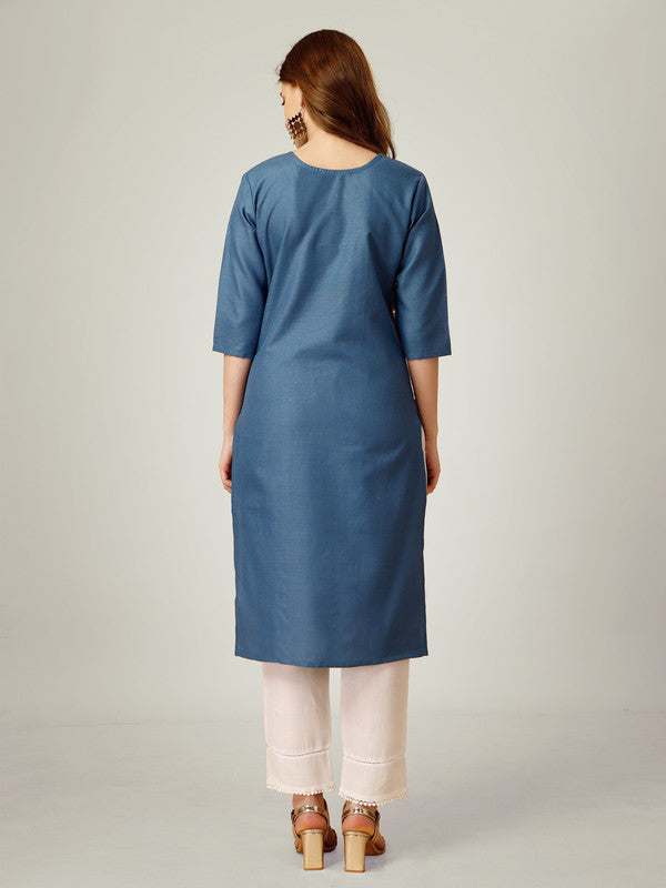 Blue Embroidered Cotton Women's Kurta Pant Set | Indian Kurta