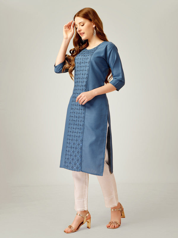 Blue Embroidered Cotton Women's Kurta Pant Set | Indian Kurta