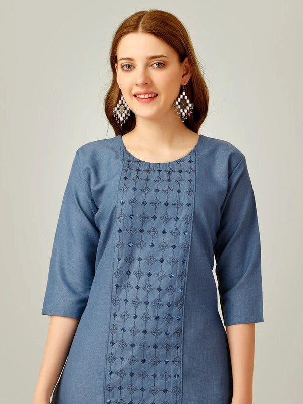 Blue Embroidered Cotton Women's Kurta Pant Set | Indian Kurta