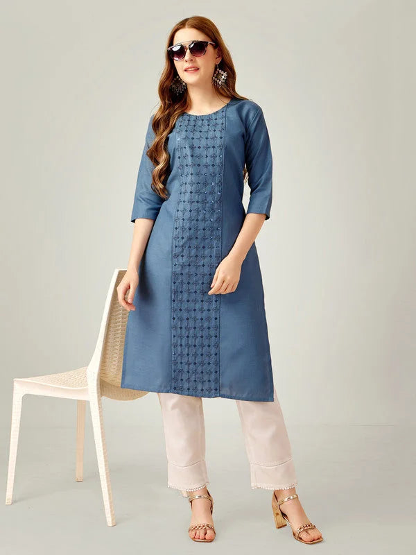 Blue Embroidered Cotton Women's Kurta Pant Set | Indian Kurta