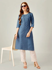 Blue Embroidered Women Kurta Pant Set-Denimblue1062