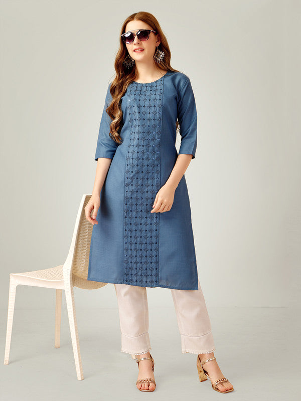 Blue Embroidered Cotton Women's Kurta Pant Set | Indian Kurta