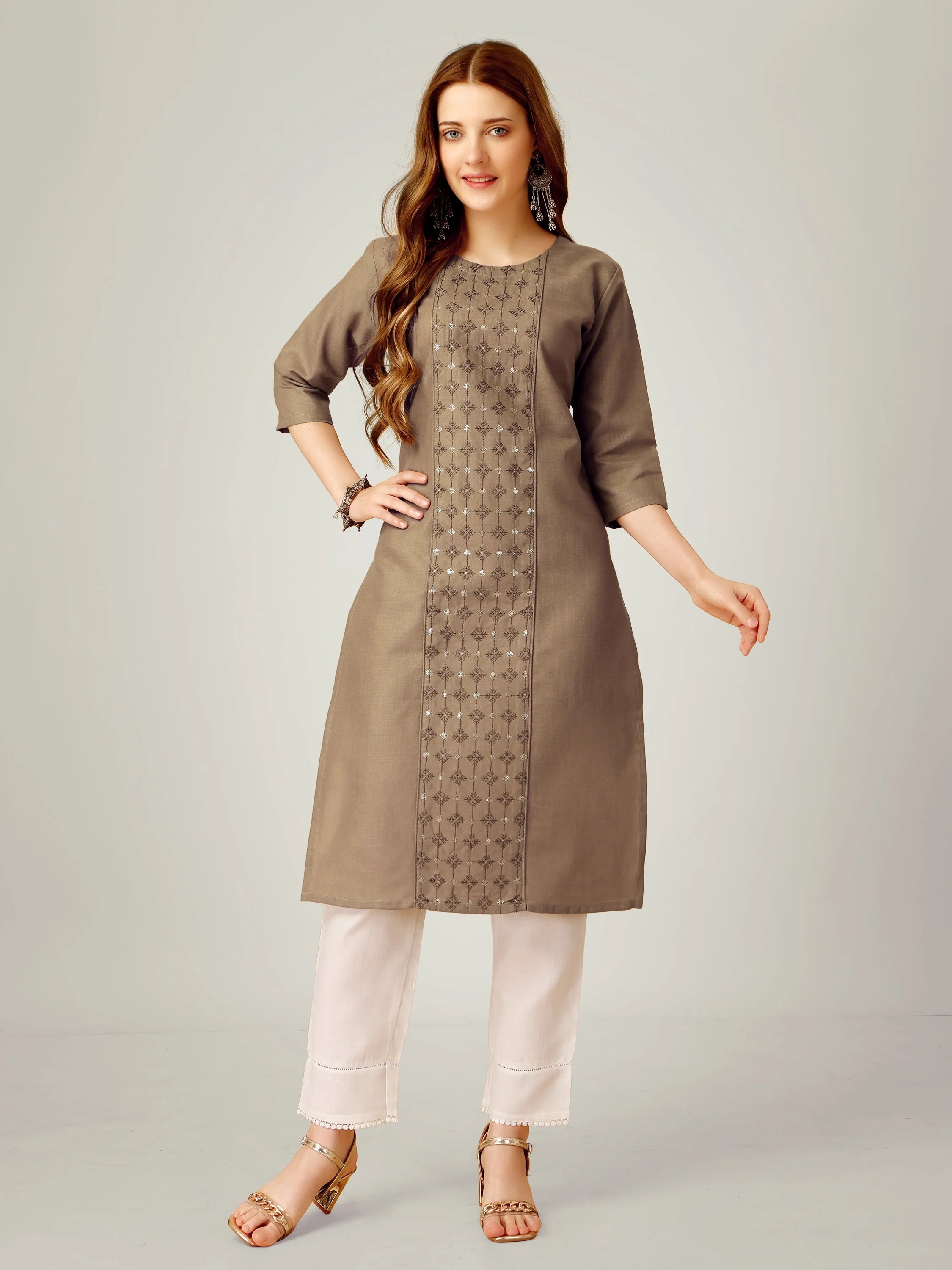 Khaki Embroidered Women's Kurta Set | Cotton Kurta Sets