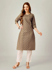 Khaki Embroidered Women Kurta Pant Set-Khaki1062