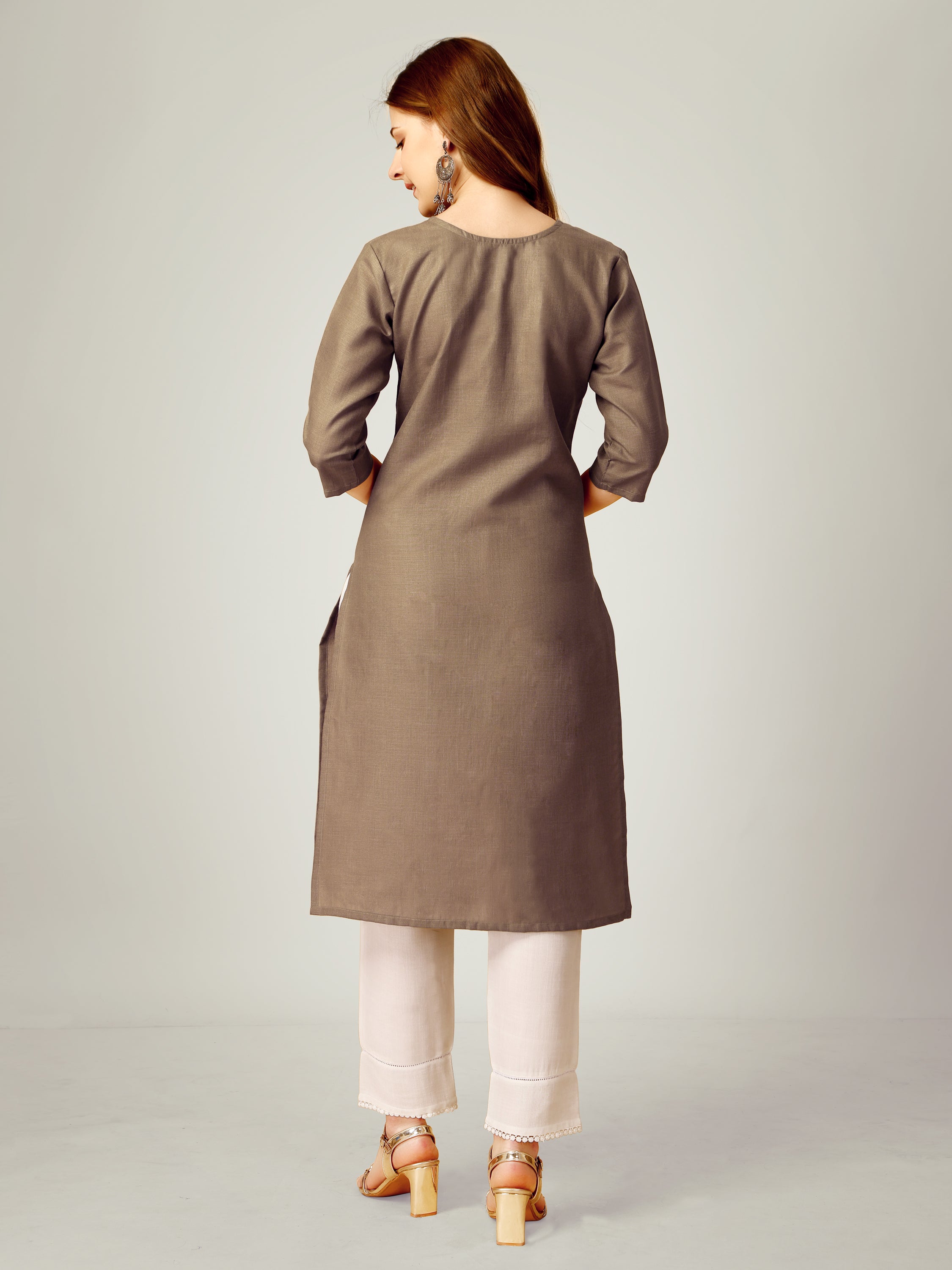 Khaki Embroidered Women's Kurta Set | Cotton Kurta Sets