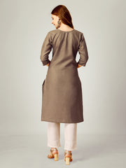 Khaki Embroidered Women Kurta Pant Set-Khaki1062
