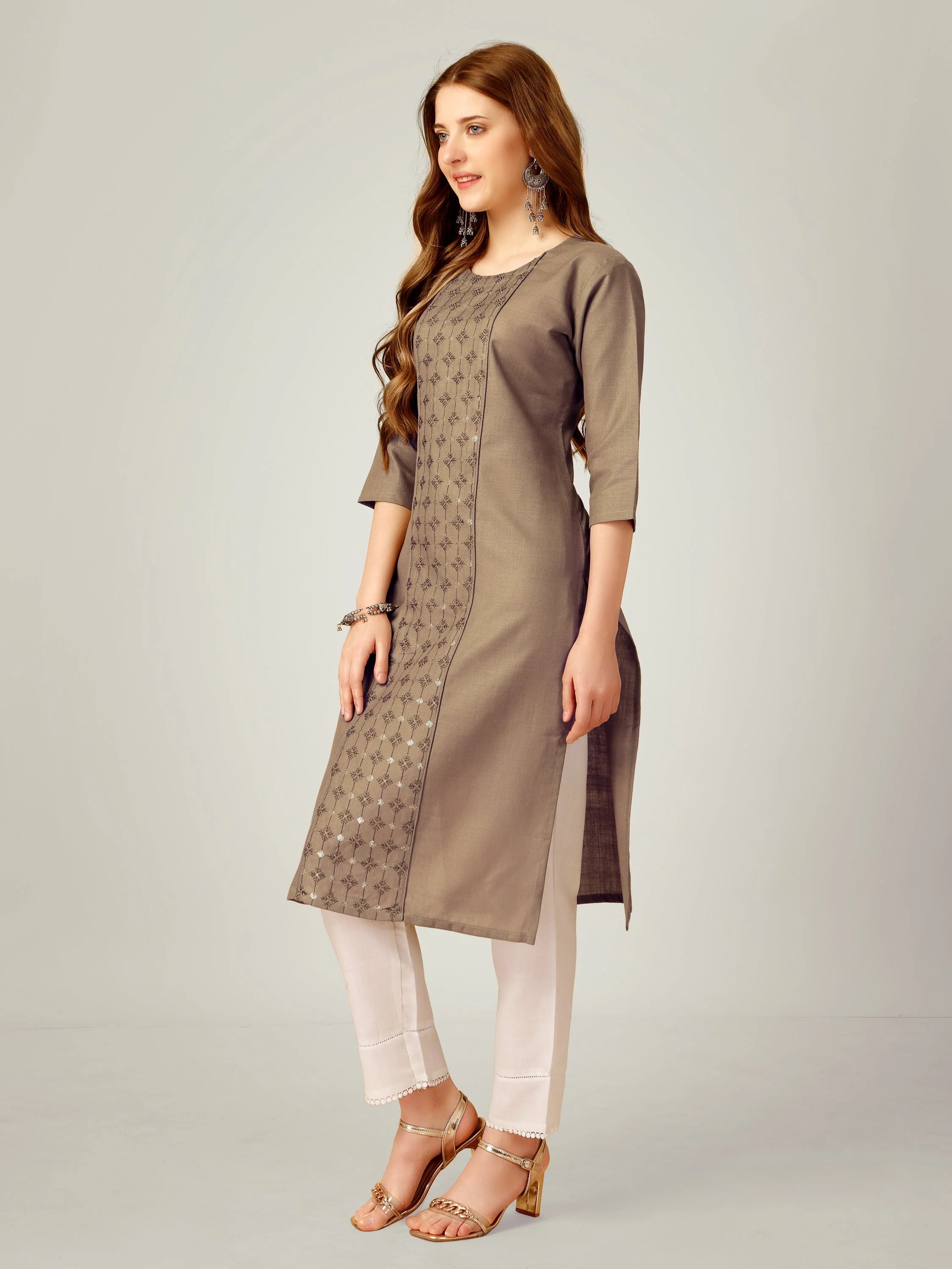 Khaki Embroidered Women's Kurta Set | Cotton Kurta Sets
