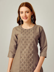 Khaki Embroidered Women Kurta Pant Set-Khaki1062
