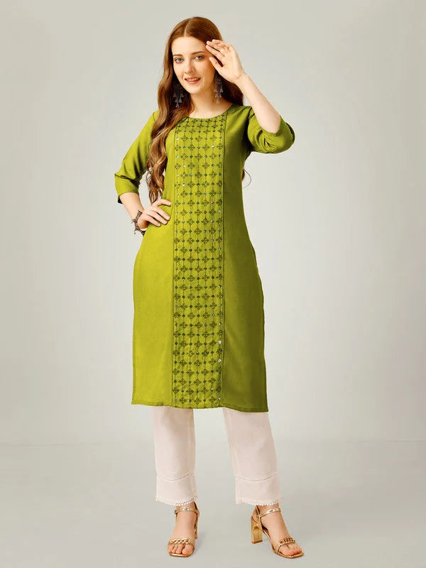 Green Embroidered Cotton Women's Kurta Pant Set | Indian Set