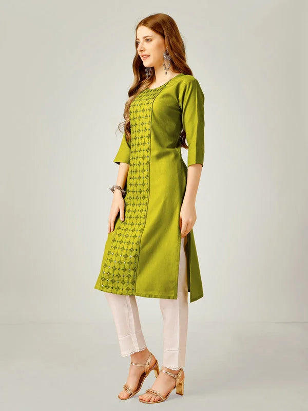 Green Embroidered Cotton Women's Kurta Pant Set | Indian Set