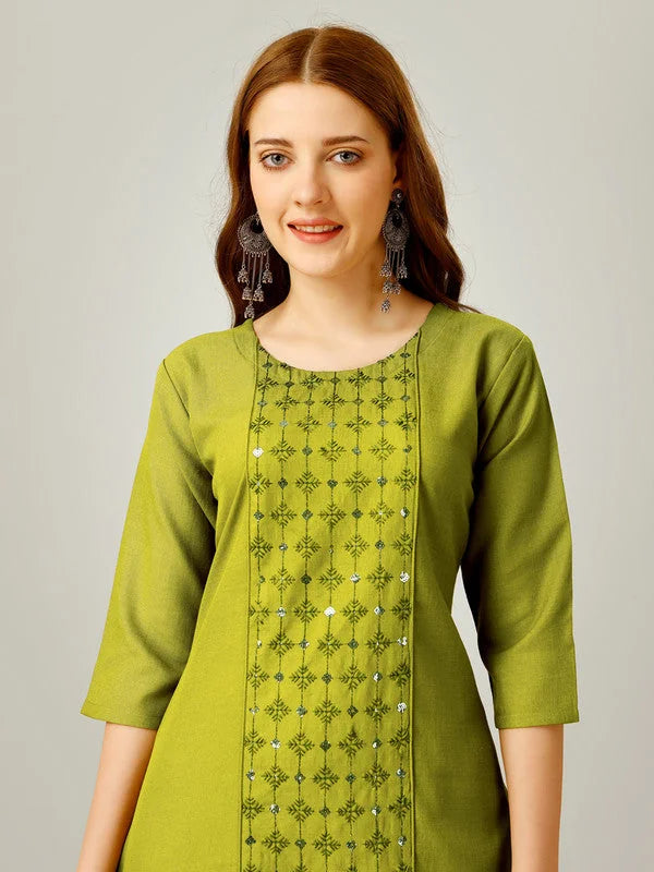 Green Embroidered Cotton Women's Kurta Pant Set | Indian Set