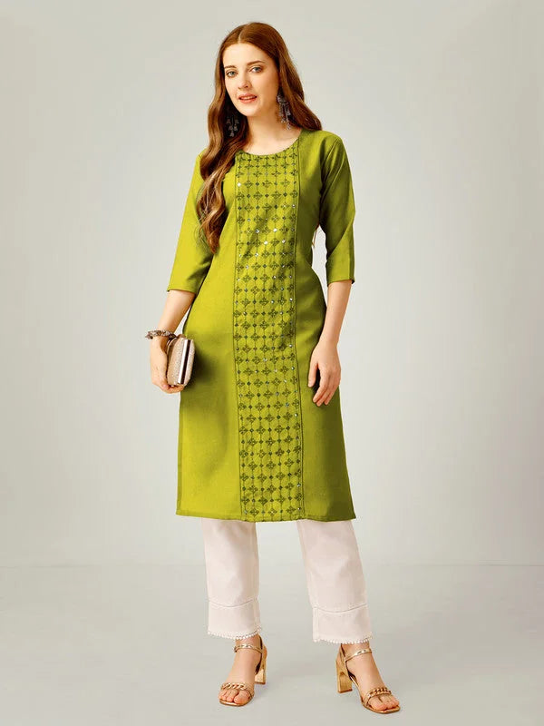 Green Embroidered Cotton Women's Kurta Pant Set | Indian Set