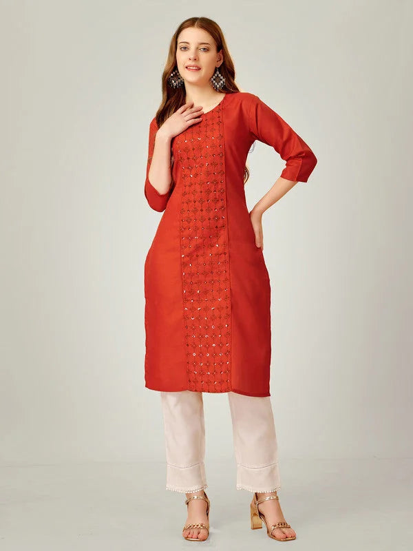 Rust Embroidered Cotton Women's Kurta Pant Set | Designer