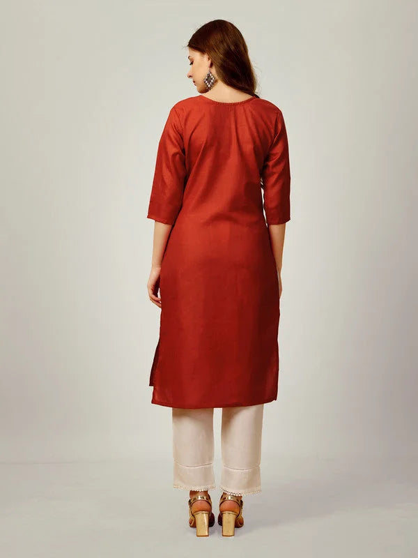 Rust Embroidered Cotton Women's Kurta Pant Set | Designer