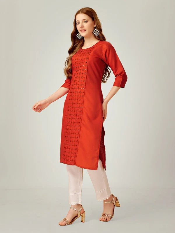 Rust Embroidered Cotton Women's Kurta Pant Set | Designer