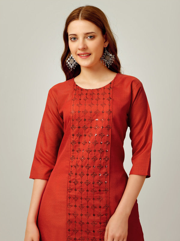 Rust Embroidered Cotton Women's Kurta Pant Set | Designer