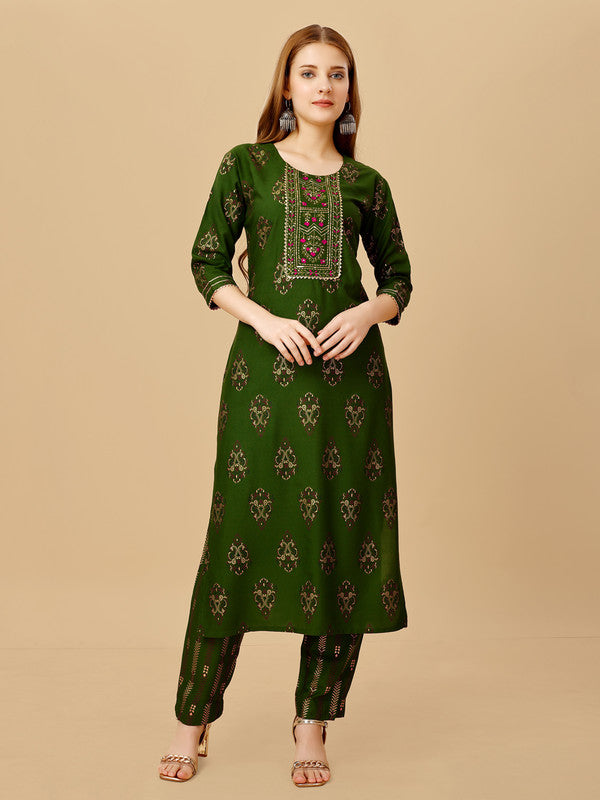 Green Embroidered Women Kurta Pant Set-Green1064