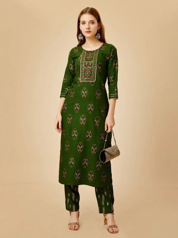 Green Embroidered Women's Kurta Pant Set | Indian Kurta Sets