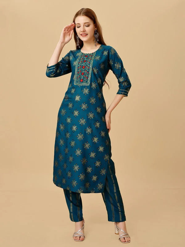 Navy Embroidered Kurta Pant Set - Women's Indian Kurta Sets - Style 1