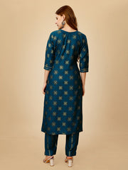 Navy Blue Embroidered Women Kurta Pant Set-Blue1065