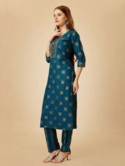 Navy Blue Embroidered Women Kurta Pant Set-Blue1065