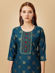 Navy Blue Embroidered Women Kurta Pant Set-Blue1065