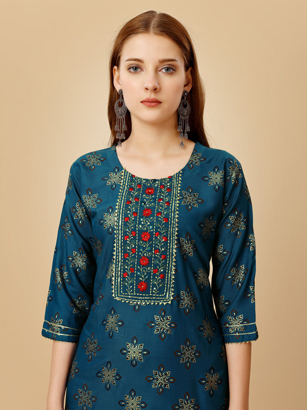Navy Embroidered Kurta Pant Set - Women's Indian Kurta Sets - Style 1